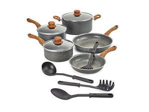 BELLA 12-Piece Cookware Set with Saucepans, Fry Pans & Cooking Utensils, Charcoal & Wood Grain BELLA 12-Piece Cookware Set with Saucepans, Fry Pans & Cooking Utensils, Charcoal & Wood Grain