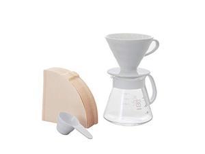 hario v60 size 02 pour over set with ceramic dripper, glass server, scoop and filters, white