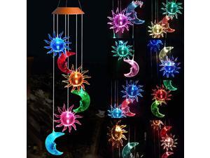 LED Sun Moon Solar Wind Chimes Light Outdoor Hanging  Waterproof Mobile Romantic Solar Powered Changing Color Gifts Wind Chimes for Home Party Festival Night Garden DecorationSun Moon