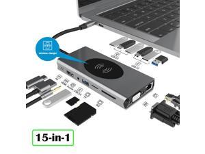 Docking Station USB C Hub, 15 in 1 Aluminum Dongle Docking Station for New iPad Pro 2018/2019/2020, 4K to HDMI, 87W PD Charging Port, 7 USB-A,Wireless Charging, SD/TF Card Reader,3.5mm Audio, Gigablit