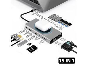USB C Docking Station Dual Display 15 in 1 Dual Monitor USB C Hub Multiport Adapter with HDMI VGA Ethernet,3.5mm Audio, Gigablit Dongle Laptop Hub 87W PD,Wireless Charging USB C Dock for MacBook/Dell