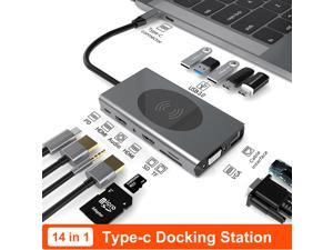 Docking Station USB C Hub, 14 in 1 Dongle Docking Station for New iPad Pro 2018/2019/2020, 4K to Dual HDMI, 100W PD Charging Port, 5 USB3.0,Wireless Charging, SD/TF Card Reader,3.5mm Audio, Gigablit