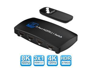 HDMI 21 Switch 8K 60Hz HDMI Switcher 3 in 1 Out with IR Remote 3 Port 4K 120Hz Auto HDMI Selector Hub Support 8K 48Gbps HDR10 HDCP23 Dolby Vision for Xbox PS4 Pro PS5 Roku TV Monitor Projector