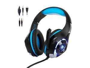Jansicotek Gaming Headset with Mic for Xbox One PS4, Xbox One Headset, PS4 Headset, Over-Ear Gaming Headphones with Volume Control LED Light 3.5mm Audio Jack for Laptop PC iPad Smartphones, Black+Blue