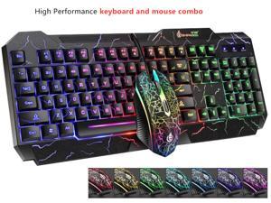 High Performance Gaming Keyboard and Mouse Combo, LED Rainbow Backlit USB Wired Computer Keyboard 104 Key, Spill-Resistant Design, Ergonomic Wrist Rest Keyboard Mouse Set for Windows PC Gamer - Black