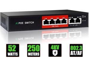 AI PoE Switch, 52V 52W (4 POE Ports +2 Uplink) 100Mbps,802.3af/at, Unmanaged Network Extender Power Over Ethernet for IP, Extend Function,Metal Plug and Play