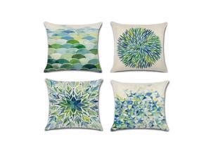 Set of 4 Pillow Covers 18x18, Modern Geometric Green Pattern Style, Cotton Linen Fabric Decorative Indoor / Outdoor Throw Pillow Case Set 45x45cm
