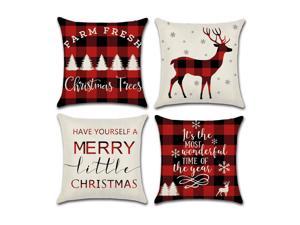 Set of 4 Pillow Covers 18x18, Christmas Design, Deer, Tree, Snowflakes Linen Fabric Decorative Indoor / Outdoor Pillow Case Set 45x45cm