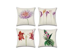 Set of 4 Pillow Covers 18x18, Flower Themed Design Cotton Linen Fabric, Decorative Indoor / Outdoor Throw Pillow Cases Set 45x45cm