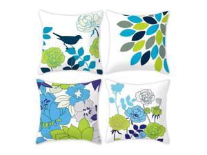 Set of 4 Pillow Covers 18x18, Flower and Bird Style Cotton Linen Fabric Decorative Indoor / Outdoor Pillow Case Set 45x45cm