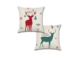 Set of 2 Pillow Covers 18x18, Christmas Red and Green Deer Design Linen Fabric, Holidays Decorative Indoor / Outdoor Pillow Case Set 45x45cm