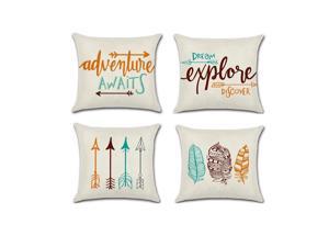 Set of 4 Pillow Covers 18x18, Inspirational Words Arrows, Feathers Cotton Linen Fabric Decorative Indoor / Outdoor Throw Pillow Case Set 45x45cm