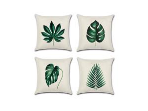 Set of 4 Pillow Covers 18x18, Green Plant Leaves Design Cotton Linen Fabric Decorative Indoor / Outdoor Throw Pillow Case Set 45x45cm
