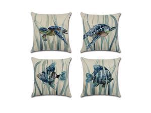 Set of 4 Pillow Covers 18x18, Sea Turtles and Fish Design Cotton Linen Fabric Marine Life Decorative Indoor / Outdoor Throw Pillow Case Set 45x45cm