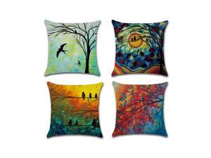 Set of 4 Pillow Covers 18x18, Oil Painting Abstract Birds and Tree Branches Cotton Linen Fabric, Decorative Indoor / Outdoor Throw Pillow Case Set 45x45cm