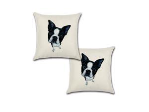 Set of 2 Pillow Covers 18x18, Cute Boston Terrier Dog Design Cotton Linen Fabric Pet Terrier Portrait Decorative Indoor / Outdoor Throw Pillow Case Set 45 x 45 cm