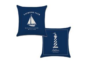 Set of 2 Pillow Covers 18x18, Blue Sailboat & Lighthouse Pattern Style, Cotton Linen Fabric Decorative Indoor / Outdoor Throw Pillow Case Set 45x45cm