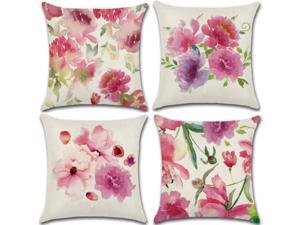 Set of 4 Pillow Covers 18x18, Pink, Purple, Red Watercolor Flowers Pattern Style, Cotton Linen Fabric Decorative Indoor / Outdoor Throw Pillow Case Set 45x45cm