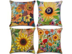 Set of 4 Pillow Covers 18x18, Sunflowers and Wildflowers Pattern Style, Cotton Linen Fabric Decorative Indoor / Outdoor Throw Pillow Case Set 45x45cm