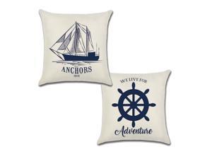 Set of 2 Pillow Covers 18x18, Sailboat Anchors and Ship Wheel Pattern Style, Cotton Linen Fabric Decorative Indoor / Outdoor Throw Pillow Case Set 45x45cm