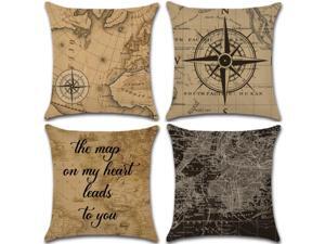 Set of 4 Pillow Covers 18x18, Nautical Map Compass Navigation Pattern Style, Cotton Linen Fabric Decorative Indoor / Outdoor Throw Pillow Case Set 45x45cm