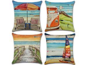 Set of 4 Pillow Covers 18x18, Pier Sunset Sailboat Pattern Style, Cotton Linen Fabric Decorative Indoor / Outdoor Throw Pillow Case Set 45x45cm
