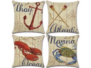 Set of 4 Pillow Covers 18x18, Lobster/Crab & Anchor/Oars Marine Pattern Style, Cotton Linen Fabric Decorative Indoor / Outdoor Throw Pillow Case Set 45x45cm