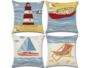 Set of 4 Pillow Covers 18x18, Lighthouse & Sailboat Coastal Sailing Pattern Style, Cotton Linen Fabric Decorative Indoor / Outdoor Throw Pillow Case Set 45x45cm