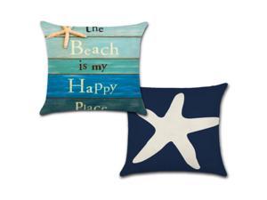 Set of 2 Pillow Covers 18x18, Beach is My Happy Place and Starfish Designs / Cotton Linen Fabric Decorative Indoor / Outdoor Throw Pillow Case Set 45x45cm