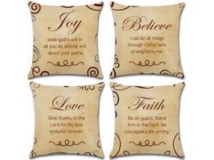 Set of 4 Pillow Covers 18x18, Joy, Believe, Love, Faith Quotes Pattern Style, Cotton Linen Fabric Decorative Indoor / Outdoor Throw Pillow Case Set 45x45cm