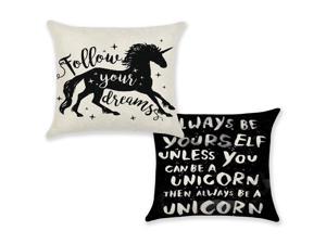 Set of 2 Pillow Covers 18x18, Be a Unicorn & Follow Your Dreams Design / Cotton Linen Fabric Decorative Indoor / Outdoor Throw Pillow Case Set 45x45cm