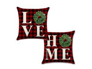 Set of 2 Pillow Covers 18x18, Black and Red Plaid Christmas Wreath Pattern Style, Cotton Linen Fabric Decorative Indoor / Outdoor Throw Pillow Case Set 45x45cm