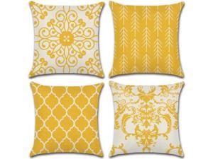 Set of 4 Pillow Covers 18x18, Boho Style Yellow and White Pattern Style, Cotton Linen Fabric Decorative Indoor / Outdoor Throw Pillow Case Set 45x45cm