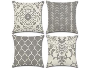 Set of 4 Pillow Covers 18x18, Boho Style Grey and White Pattern Style, Cotton Linen Fabric Decorative Indoor / Outdoor Throw Pillow Case Set 45x45cm