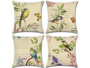 Set of 4 Pillow Covers 18x18, Birds on Branches & Butterflies Pattern Style, Cotton Linen Fabric Decorative Indoor / Outdoor Throw Pillow Case Set 45x45cm