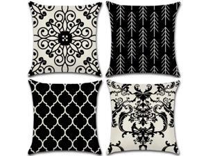 Set of 4 Pillow Covers 18x18, Boho Style Black and White Pattern Style, Cotton Linen Fabric Decorative Indoor / Outdoor Throw Pillow Case Set 45x45cm