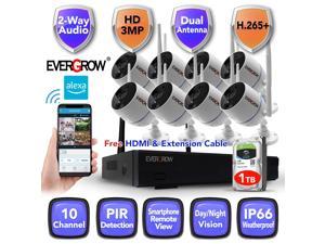 EverGrow New  Long Range 10 Channels 1296P HD Wireless Security Camera System 3.0Megapixel Ultra HD Wifi Outdoor IP Camera NVR Kit Home Office Secuirty, Two Way Audio (CAM-WIFI-8CH-A-2MP-4)