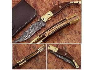 Executive Series Baekelite ENGRAVED Clip-Point Folding Damascus Knife Solid Brass Bolstered
