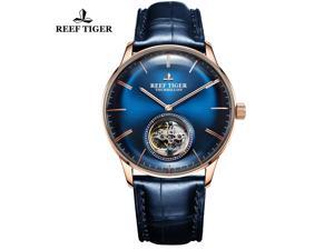 Reef Tiger Men Luxury Brand Tourbillon Watch Blue Dial Rose Gold Automatic Watches Leather Strap RGA1930 Reef Tiger Men Luxury Brand Tourbillon Watch Blue Dial Rose Gold Automatic Watches Leather Strap RGA1930