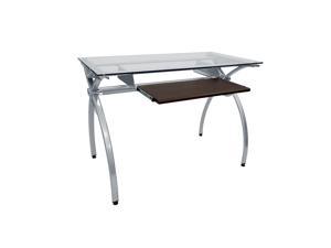 Techni Mobili Computer Desk with Pull Out Keyboard Panel, Ergonomic Workstation with Contempo Clear Glass Top and Scratch Resistance Steel Frame, Clear