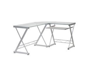 Deluxe Ergonomic L-Shaped Computer Desk Workstation - Clear Tempered Glass