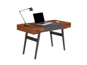 Techni Mobili Writing Desk with Dual Side and Pull-Out Front Drawer, Workstation Computer Desk with Particle Board Panels and Coated Grey Steel Frame, Mahogany