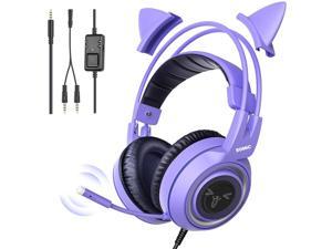 SOMIC G951S Purple Stereo Gaming Headset with Mic for PS4 PS5 Xbox One PC Phone Detachable Cat Ear 3.5MM Noise Reduction Headphones Computer Gaming Headphone Self-Adjusting Gamer Headsets