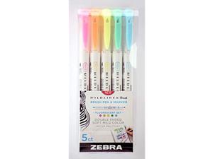 Zebra Pen Mildliner Brush Marker, Double Ended Brush and Fine Tip Pen, Assorted Fluorescent Colors, 5 Pack