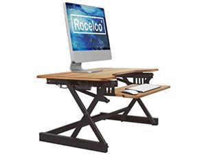 Rocelco 32" Height Adjustable Standing Desk Converter - Sit Stand Computer Workstation Riser - Dual Monitor Retractable Keyboard Tray Gas Spring Assist - Teak Wood Grain (R EADRT)