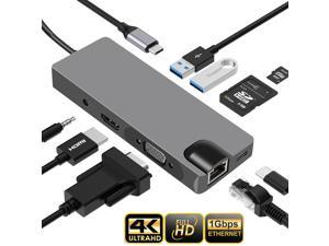 USB C Hub, ESTONE 9 in 1 USB C Adapter with Ethernet, 4K HDMI, USB C Power Delivery, 2 USB 3.0 Ports, SD/TF Card Reader, , VGA Port, Audio Port Portable Hub for MacBook Pro and Other Type C Laptops