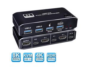 8K KVM Switch HDMI 2 Port, 2 in 1 Out, UHD 8K@60Hz, 2 USB 3.0 Hub, One Key Button Switch, Compatible with Most Keyboards and Mouse, 2 Computers Share 1 Monitor