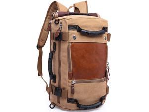 KAKA 15.6 inch Canvas Backpack Vintage Leather Laptop School Bag Travel Daypack Duffle Backpack Canvas Shoulder Bag Convertible Carry-On Bag Flight Approved Weekender, Khaki