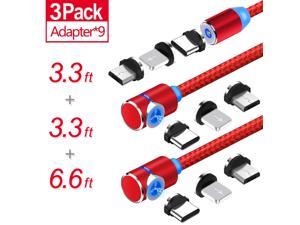ESTONE USB Magnetic Cable Micro iphone and Type C 3in1 90 Degree Right AngleNylon Braided Cord360 Magnetic Charging Cable with Led Light3Pack3ft3ft6ft for Mirco  Type C iphone  Red