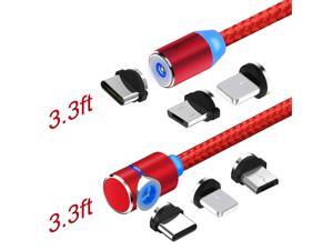 ESTONE USB Magnetic Cable Micro iphone and Type C 3in1 90 Degree Right AngleNylon Braided Cord360 Magnetic Charging Cable with Led Lightfor Mirco  Type C iphone2Pack 33ft Red